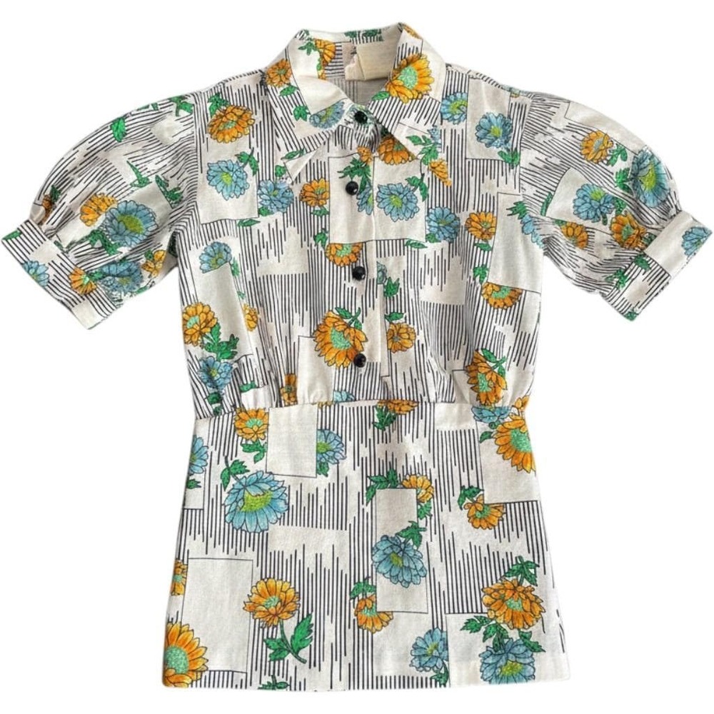 Vintage 70s Kids 8/10 Floral Button Up Top Short Sleeve Sunflowers retro cottage
